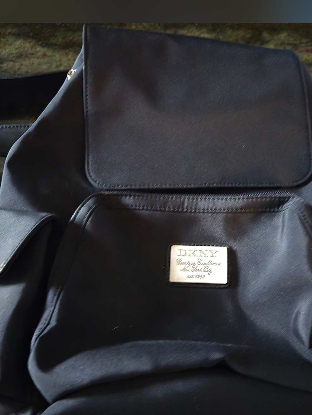 DKNY Black Nylon Backpack with Front Logo Plaque Leather Straps